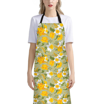 Vintage Daffodil Flower Pattern Print Bib Apron With Pocket