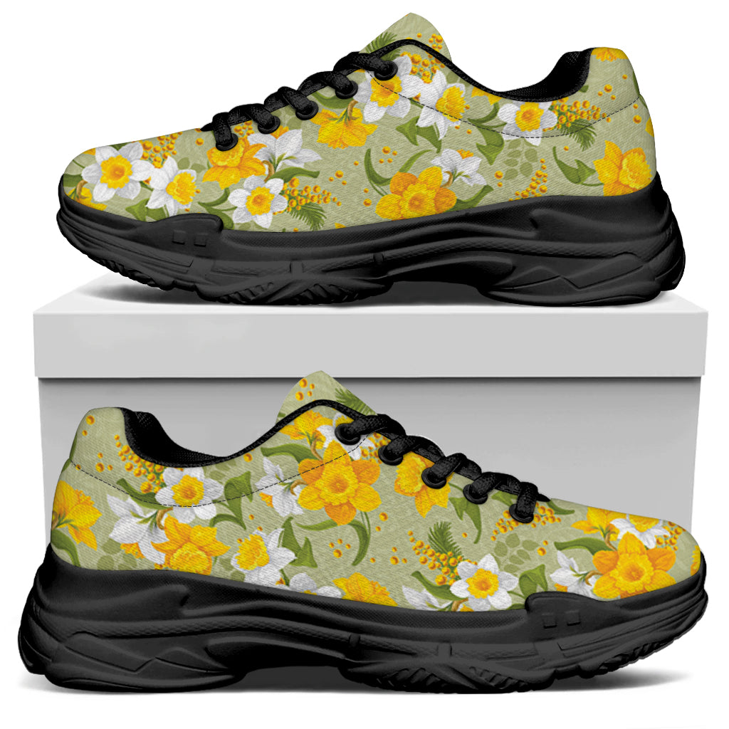 Vintage Daffodil Flower Pattern Print Black Chunky Shoes