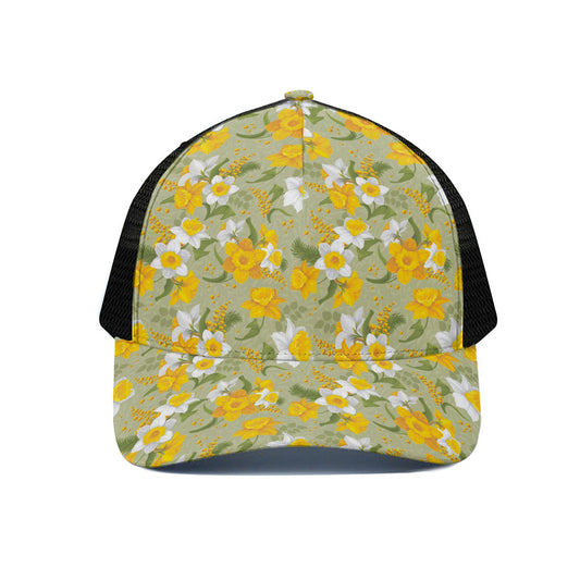 Vintage Daffodil Flower Pattern Print Black Mesh Trucker Cap