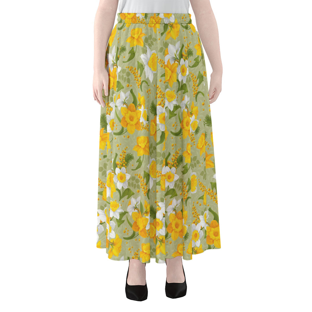 Vintage Daffodil Flower Pattern Print Chiffon Maxi Skirt