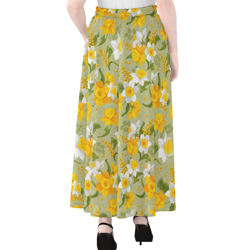 Vintage Daffodil Flower Pattern Print Chiffon Maxi Skirt