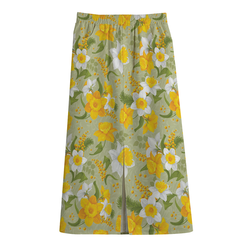 Vintage Daffodil Flower Pattern Print Cotton Front Slit Maxi Skirt