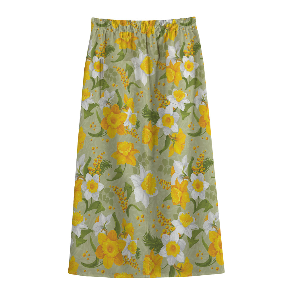 Vintage Daffodil Flower Pattern Print Cotton Front Slit Maxi Skirt