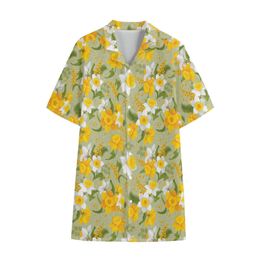 Vintage Daffodil Flower Pattern Print Cotton Hawaiian Shirt