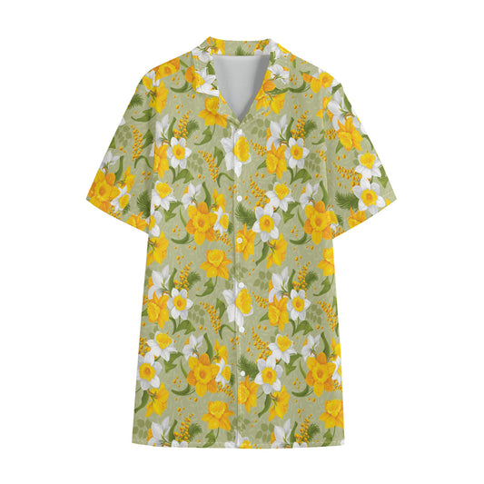 Vintage Daffodil Flower Pattern Print Cotton Hawaiian Shirt