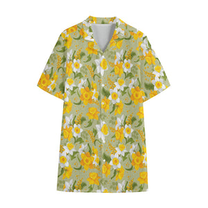 Vintage Daffodil Flower Pattern Print Cotton Hawaiian Shirt