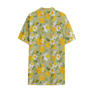 Vintage Daffodil Flower Pattern Print Cotton Hawaiian Shirt