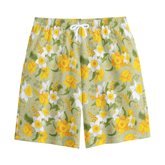 Vintage Daffodil Flower Pattern Print Cotton Shorts
