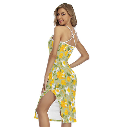 Vintage Daffodil Flower Pattern Print Cross Back Cami Dress