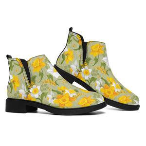 Vintage Daffodil Flower Pattern Print Flat Ankle Boots
