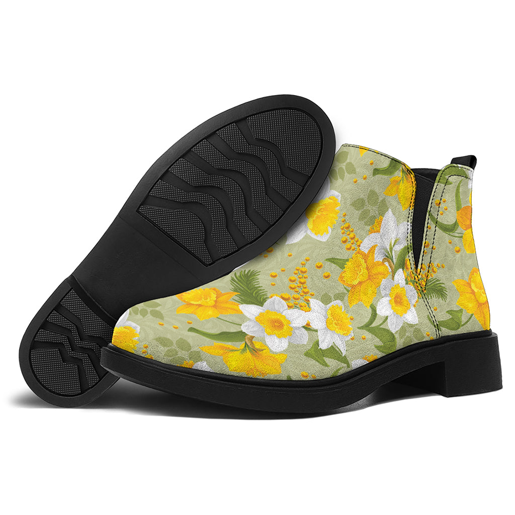 Vintage Daffodil Flower Pattern Print Flat Ankle Boots