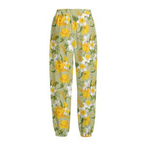 Vintage Daffodil Flower Pattern Print Fleece Lined Knit Pants