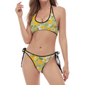 Vintage Daffodil Flower Pattern Print Halter Scoop Tie Side Bikini