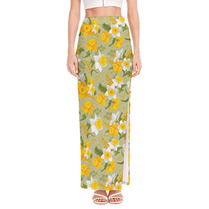 Vintage Daffodil Flower Pattern Print High Slit Maxi Skirt