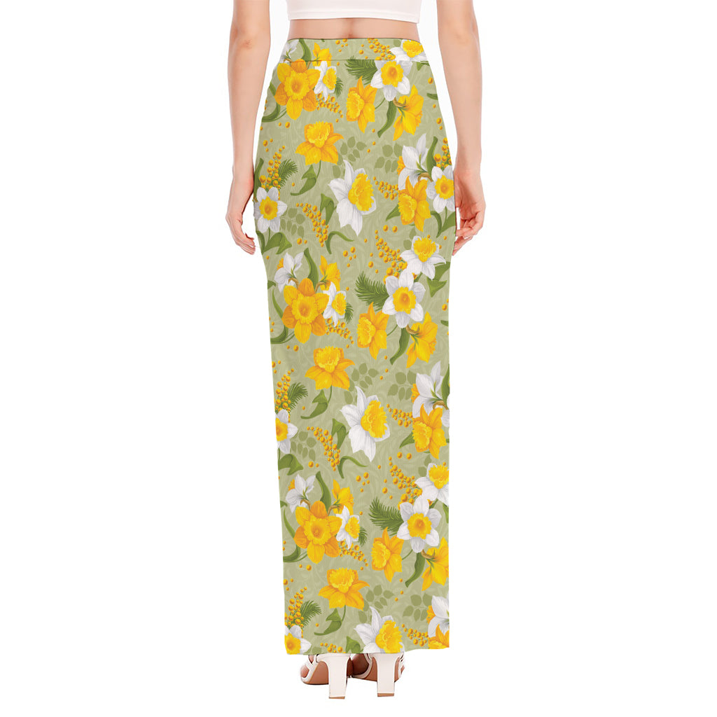 Vintage Daffodil Flower Pattern Print High Slit Maxi Skirt