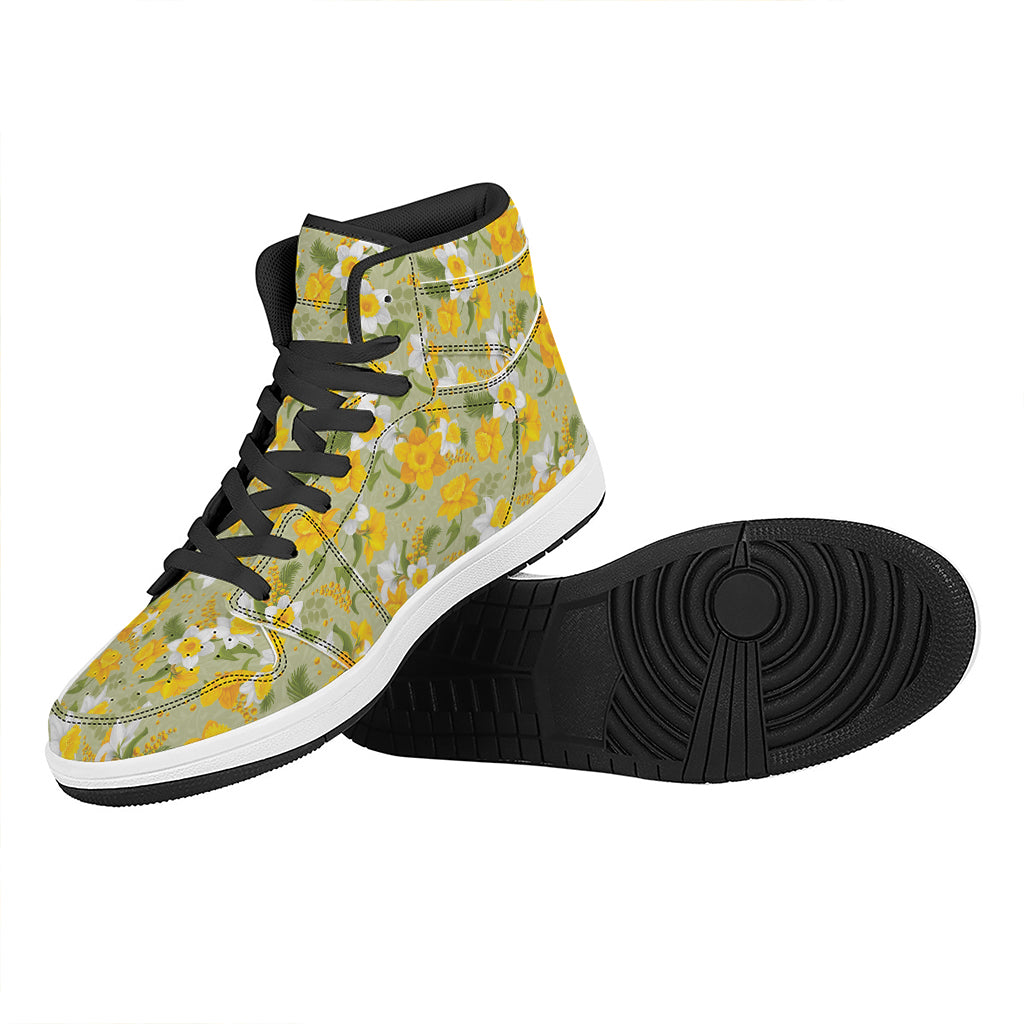 Vintage Daffodil Flower Pattern Print High Top Leather Sneakers