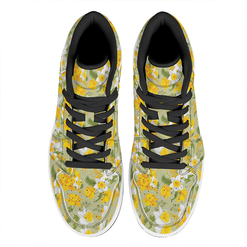Vintage Daffodil Flower Pattern Print High Top Leather Sneakers