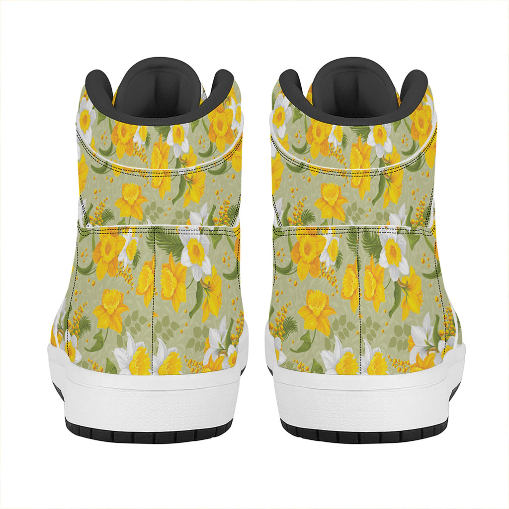 Vintage Daffodil Flower Pattern Print High Top Leather Sneakers