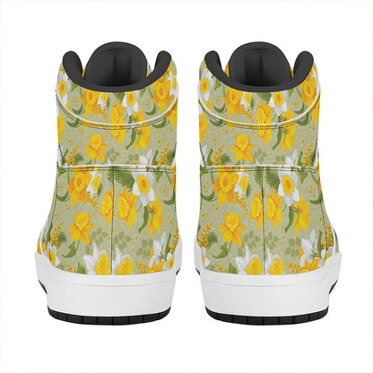 Vintage Daffodil Flower Pattern Print High Top Leather Sneakers