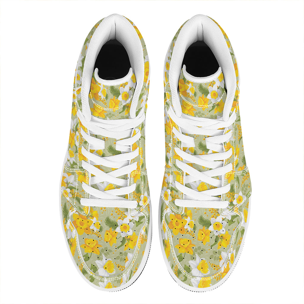 Vintage Daffodil Flower Pattern Print High Top Leather Sneakers
