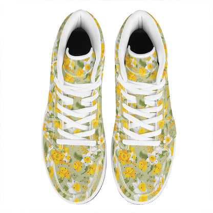 Vintage Daffodil Flower Pattern Print High Top Leather Sneakers