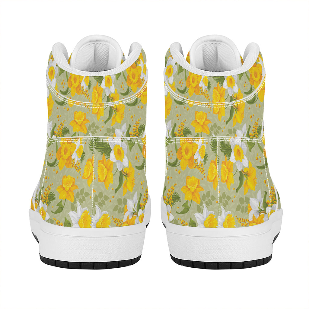 Vintage Daffodil Flower Pattern Print High Top Leather Sneakers