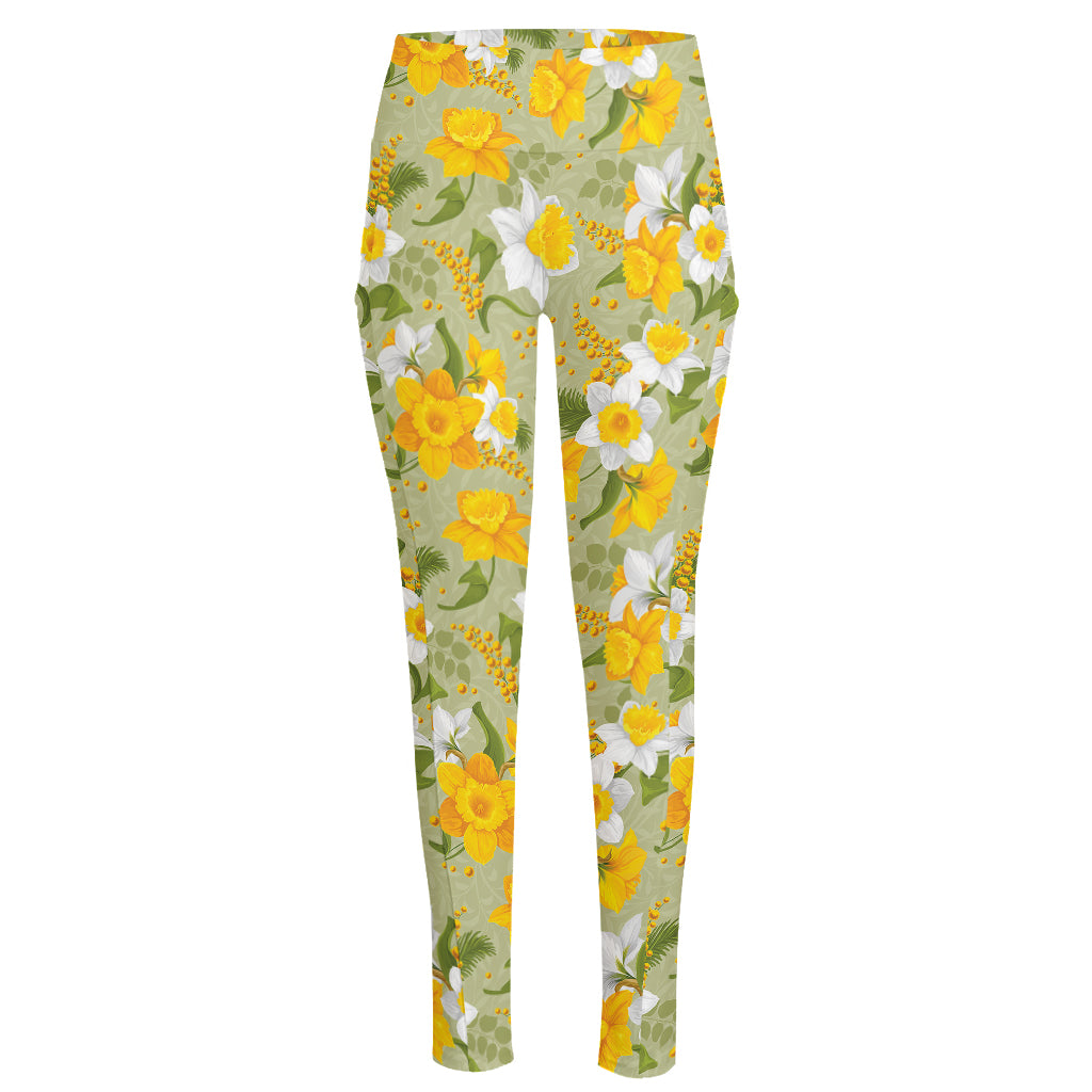 Vintage Daffodil Flower Pattern Print High-Waisted Pocket Leggings