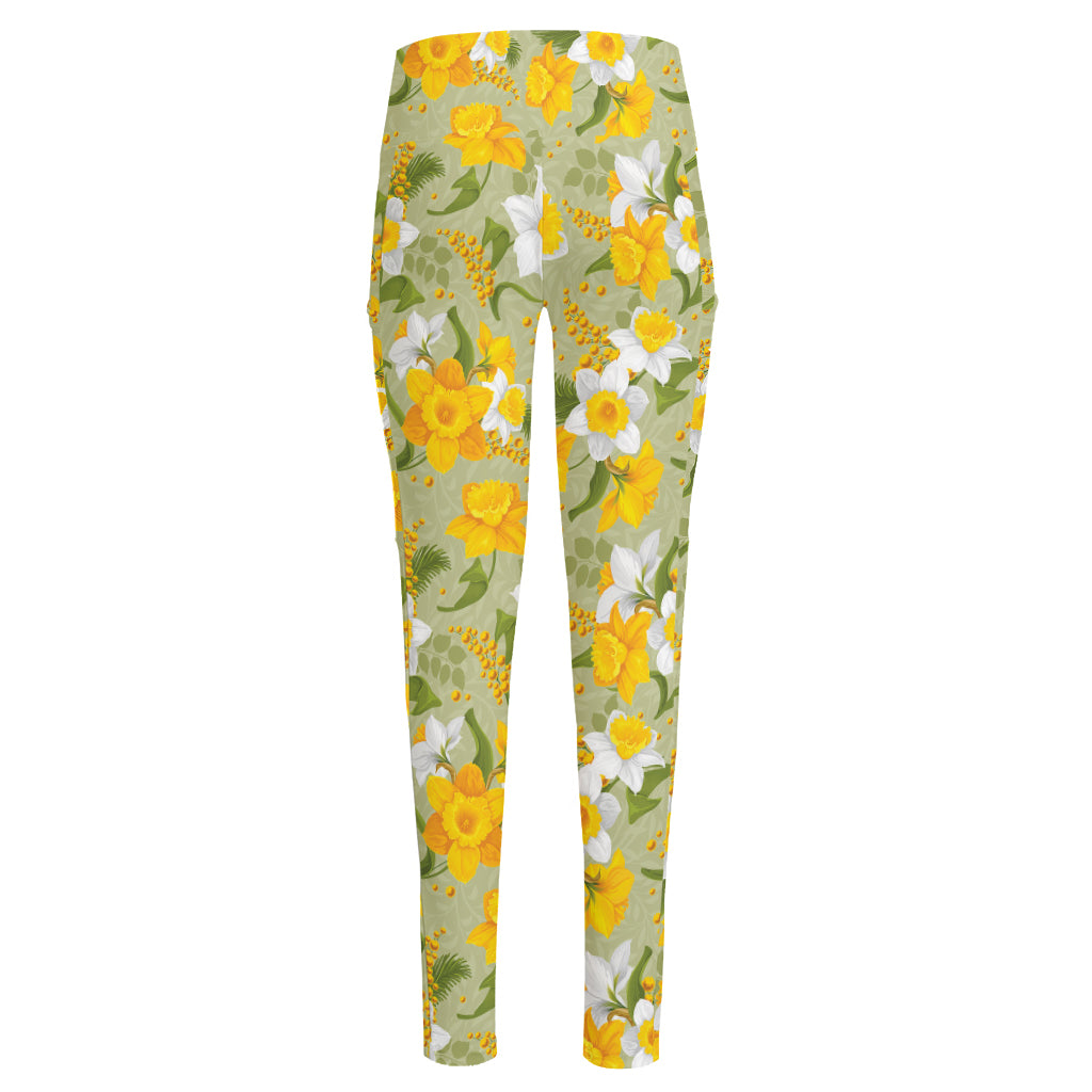 Vintage Daffodil Flower Pattern Print High-Waisted Pocket Leggings