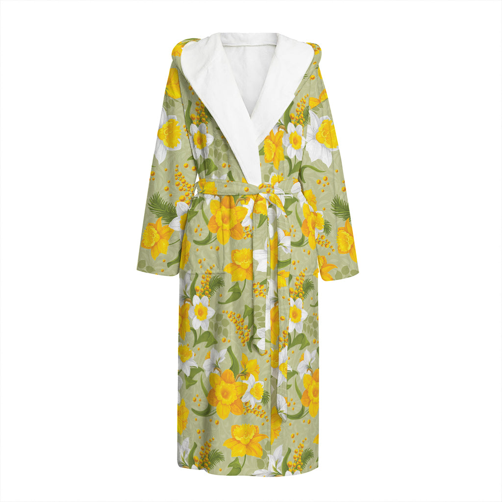 Vintage Daffodil Flower Pattern Print Hooded Bathrobe