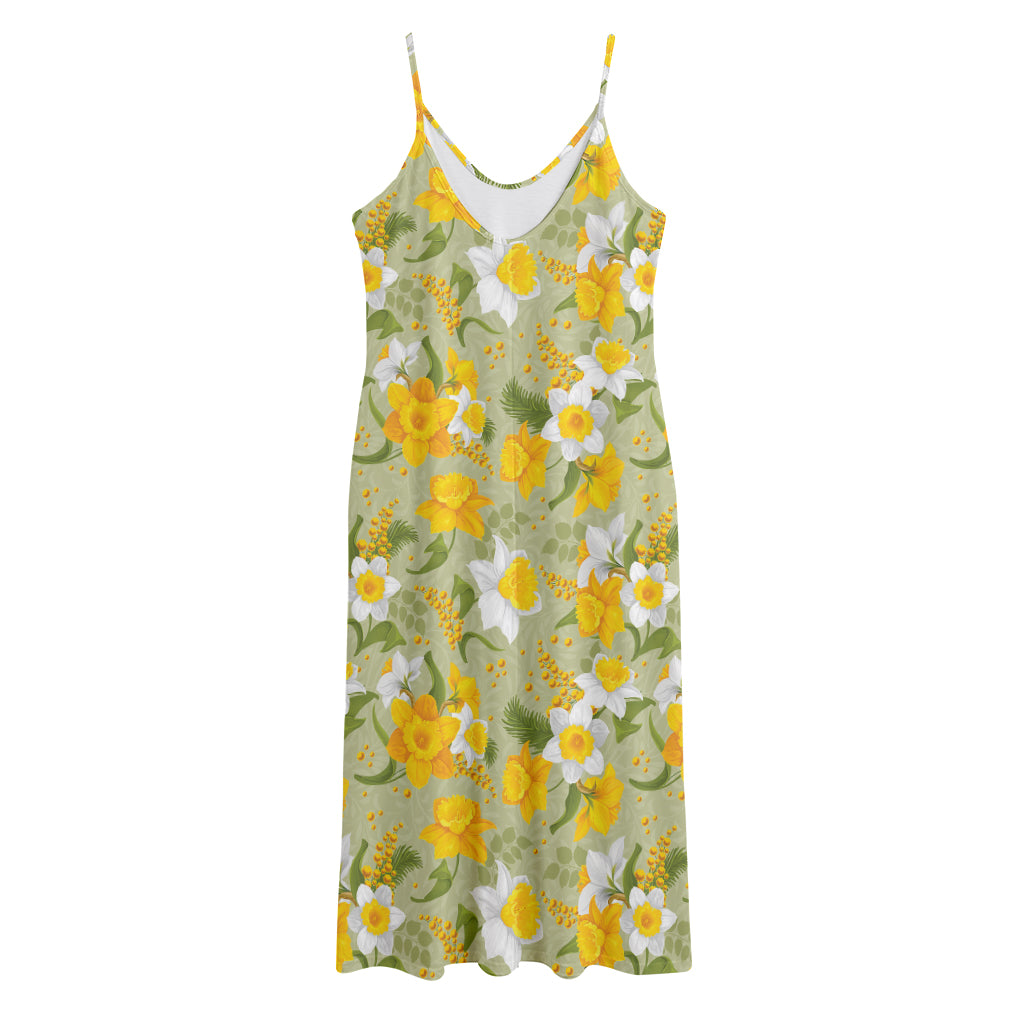 Vintage Daffodil Flower Pattern Print Jersey Midi Cami Dress