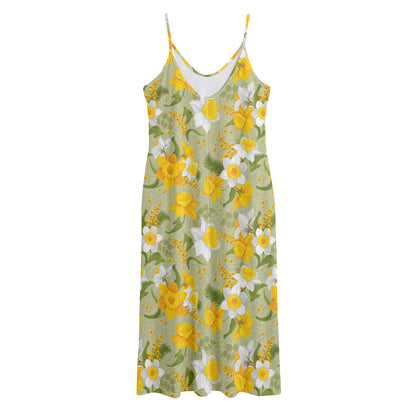 Vintage Daffodil Flower Pattern Print Jersey Midi Cami Dress