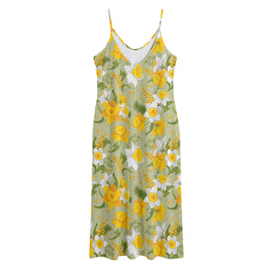 Vintage Daffodil Flower Pattern Print Jersey Midi Cami Dress