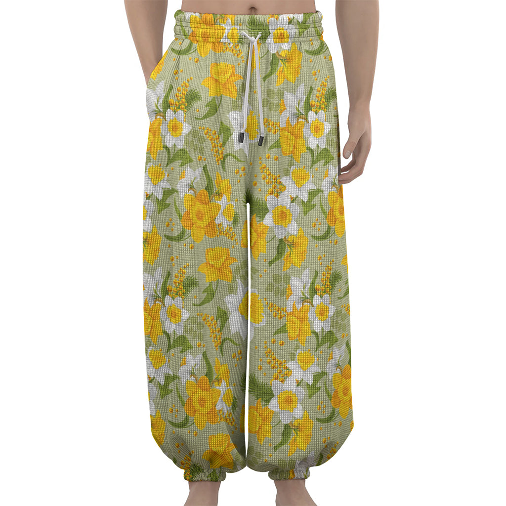 Vintage Daffodil Flower Pattern Print Lantern Pants