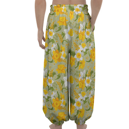 Vintage Daffodil Flower Pattern Print Lantern Pants