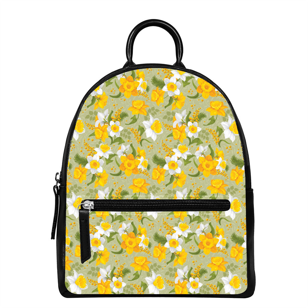Vintage Daffodil Flower Pattern Print Leather Backpack