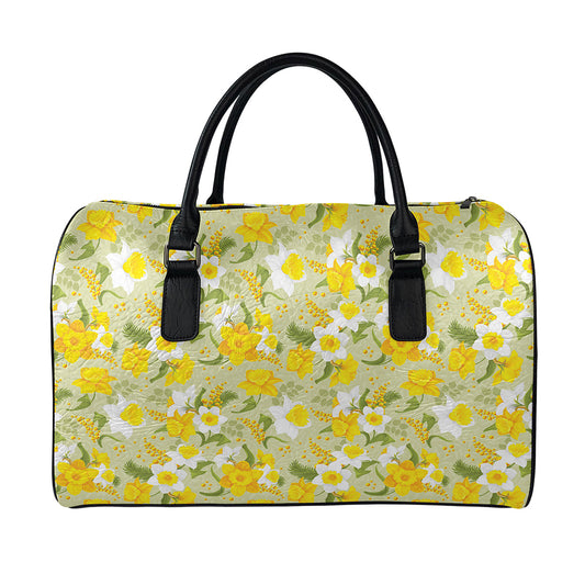 Vintage Daffodil Flower Pattern Print Leather Duffle Bag