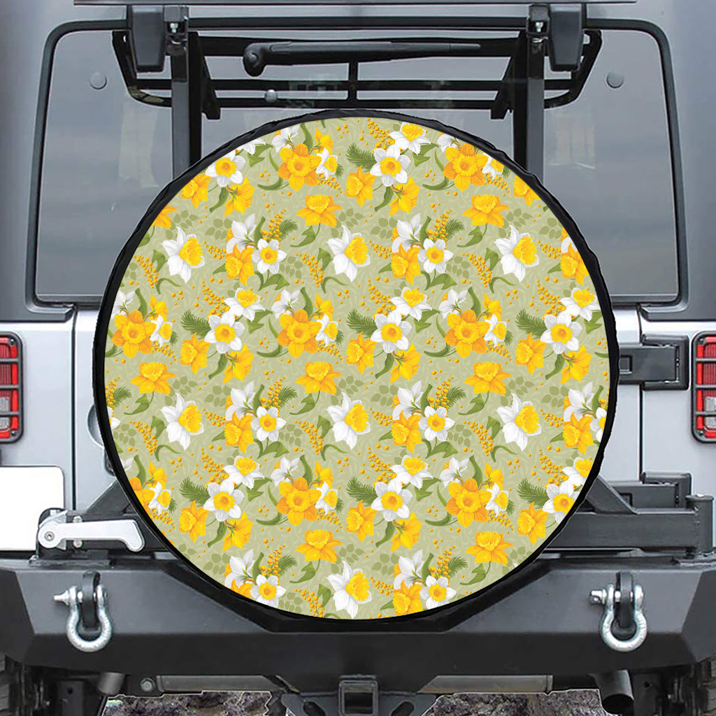 Vintage Daffodil Flower Pattern Print Leather Spare Tire Cover