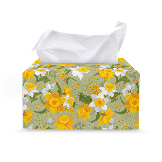 Vintage Daffodil Flower Pattern Print Leather Tissue Box Cover
