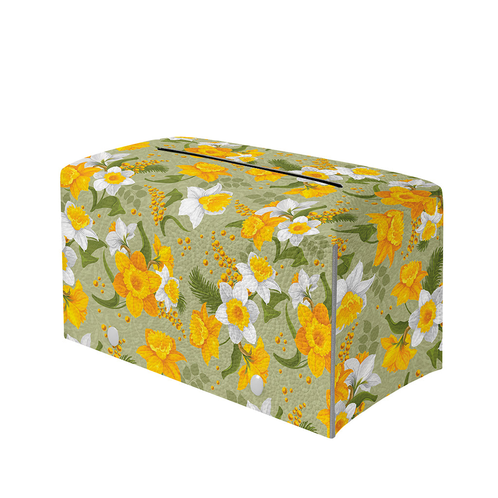 Vintage Daffodil Flower Pattern Print Leather Tissue Box Cover