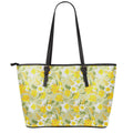 Vintage Daffodil Flower Pattern Print Leather Tote Bag With Zipper