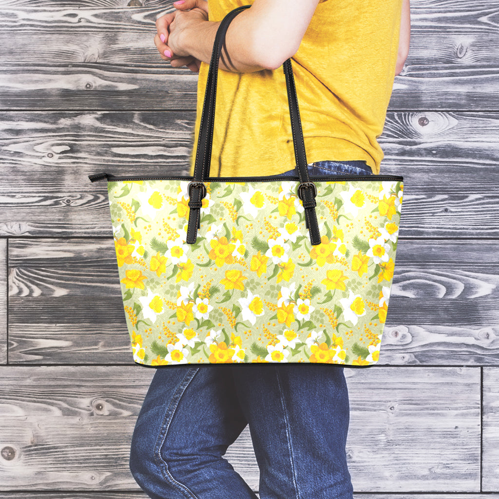 Vintage Daffodil Flower Pattern Print Leather Tote Bag