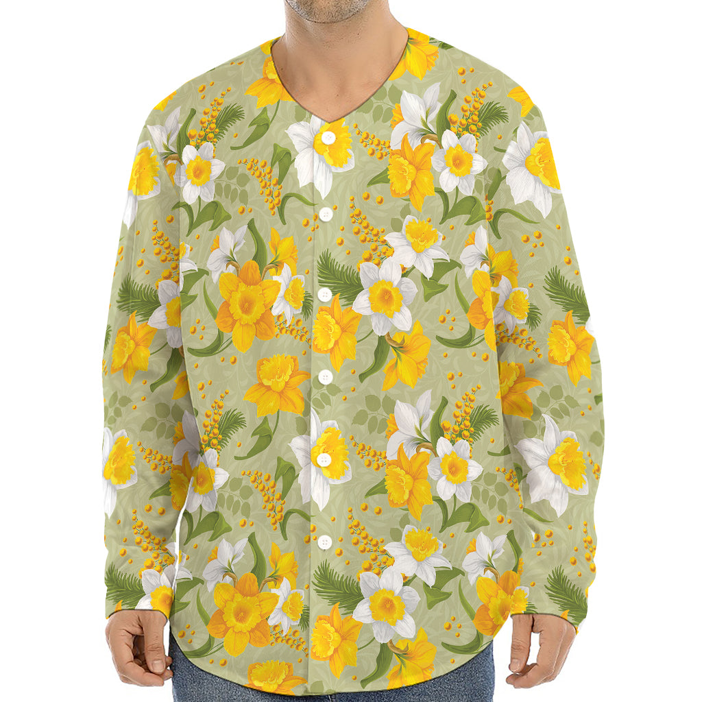 Vintage Daffodil Flower Pattern Print Long Sleeve Baseball Jersey