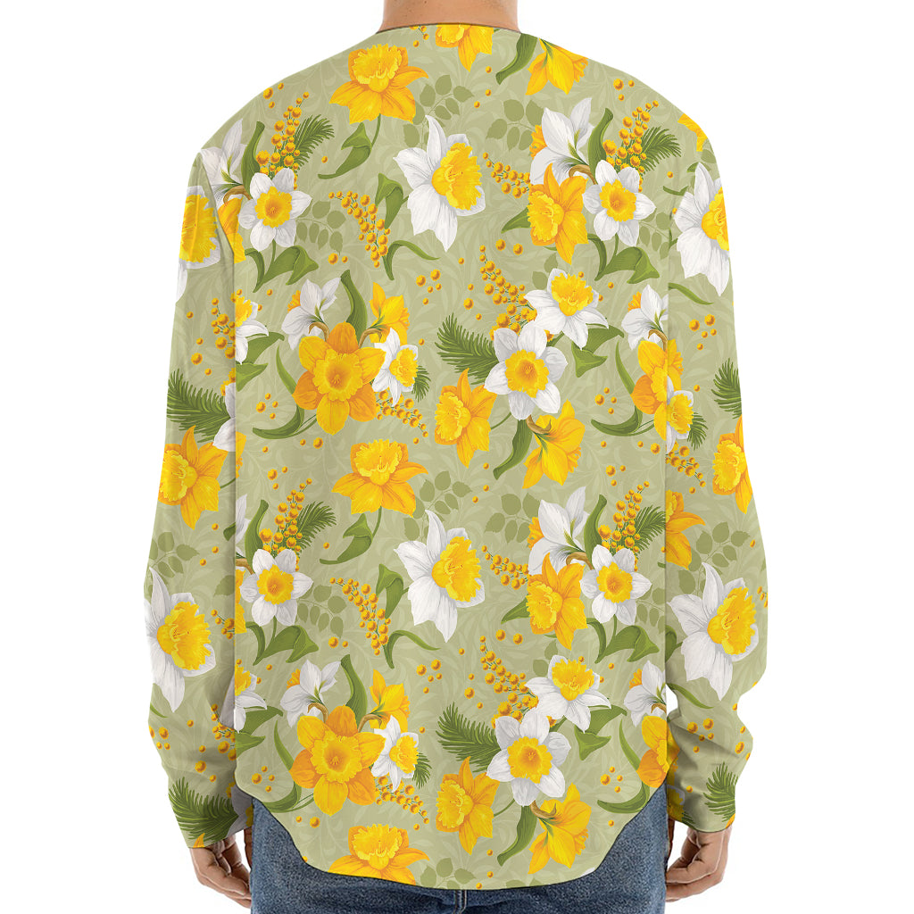 Vintage Daffodil Flower Pattern Print Long Sleeve Baseball Jersey