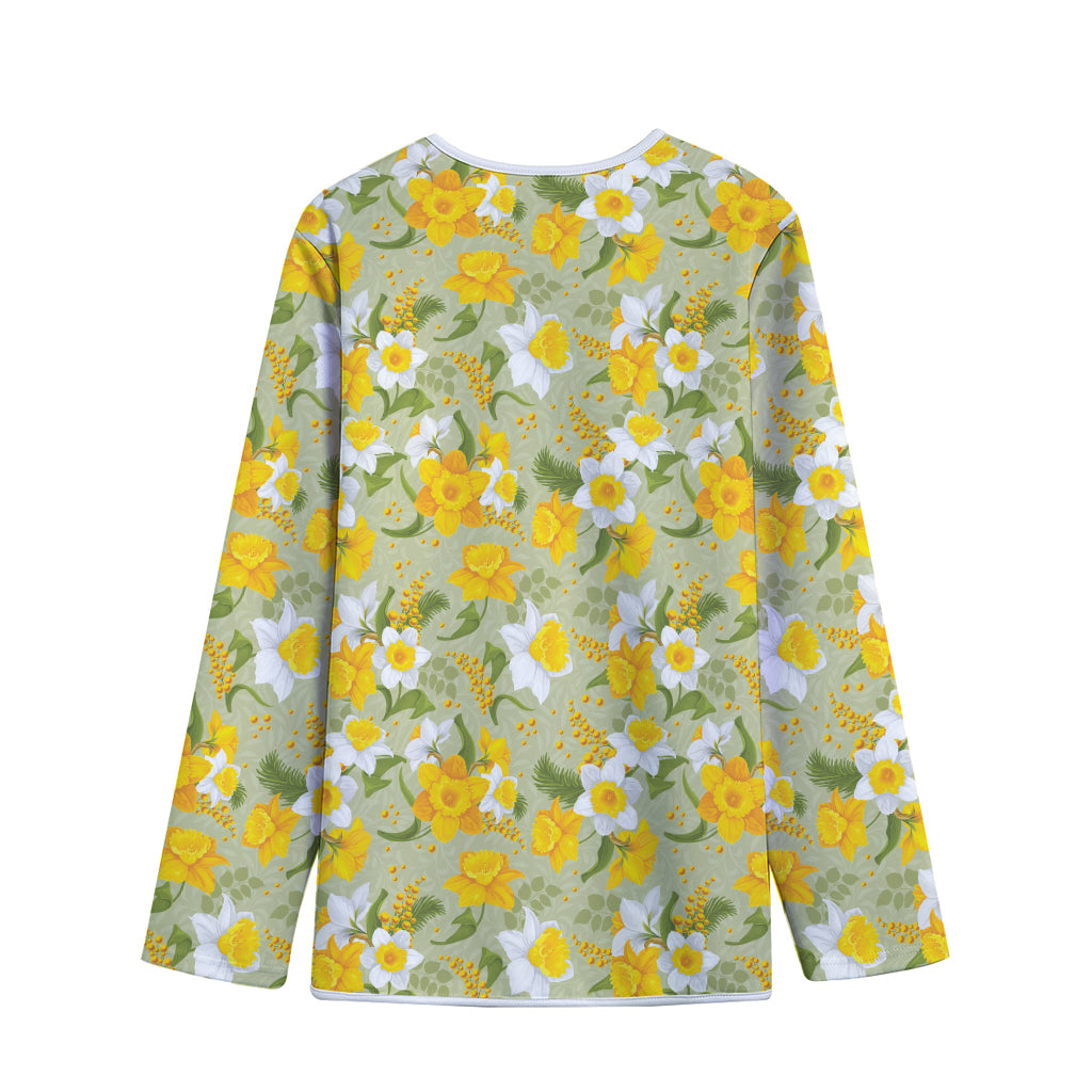 Vintage Daffodil Flower Pattern Print Long Sleeve Short Coat