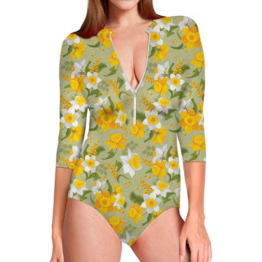 Vintage Daffodil Flower Pattern Print Long Sleeve Swimsuit