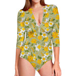 Vintage Daffodil Flower Pattern Print Long Sleeve Swimsuit