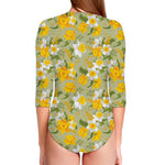 Vintage Daffodil Flower Pattern Print Long Sleeve Swimsuit