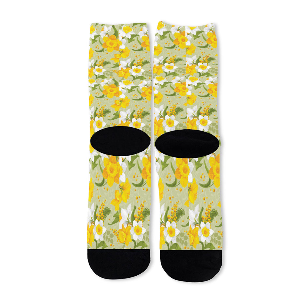Vintage Daffodil Flower Pattern Print Long Socks