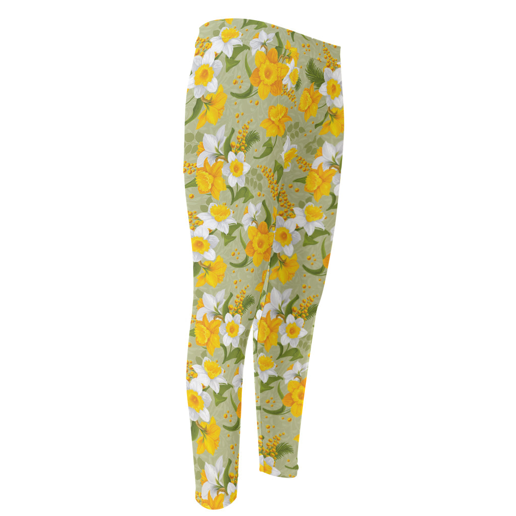 Vintage Daffodil Flower Pattern Print Men's Compression Pants