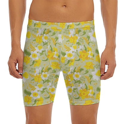 Vintage Daffodil Flower Pattern Print Men's Long Boxer Briefs